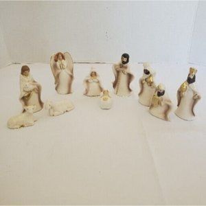 Vintage Porcelain Ten Piece Small Nativity Set White Gold Accents
